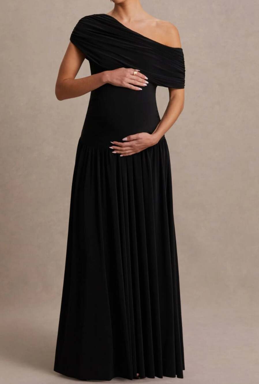 Club L London Noah Asymmetric-Neck Maternity Maxi Dress Drop-Waist Black US 12